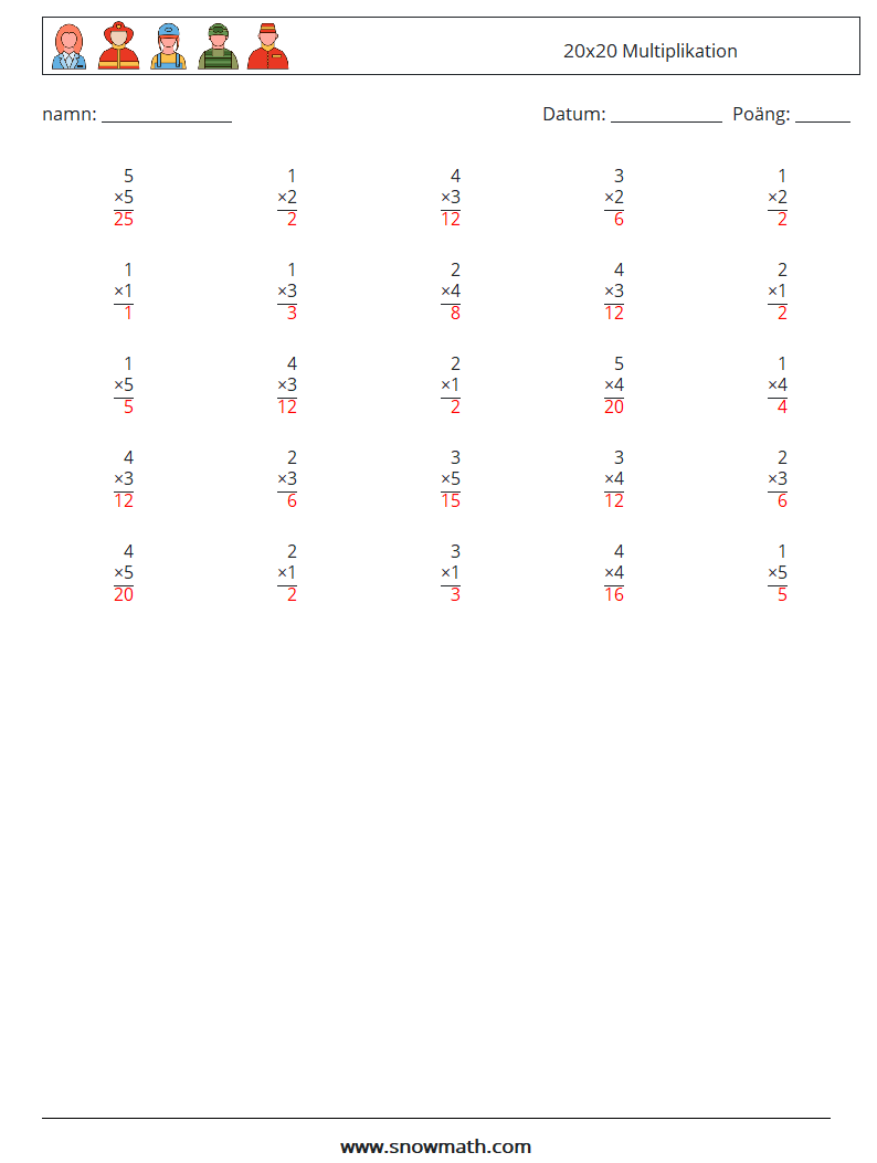 (25) 20x20 Multiplikation Matematiska arbetsblad 16 Fråga, svar