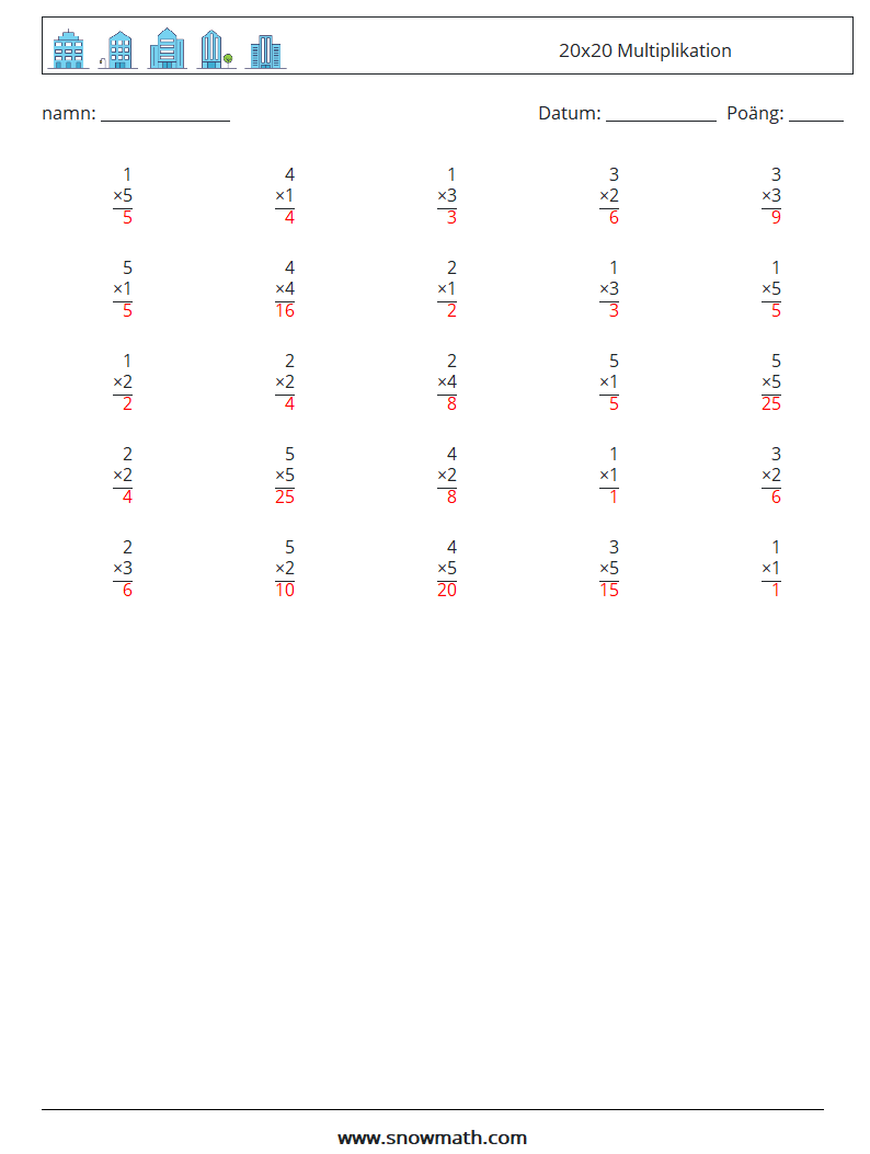 (25) 20x20 Multiplikation Matematiska arbetsblad 17 Fråga, svar