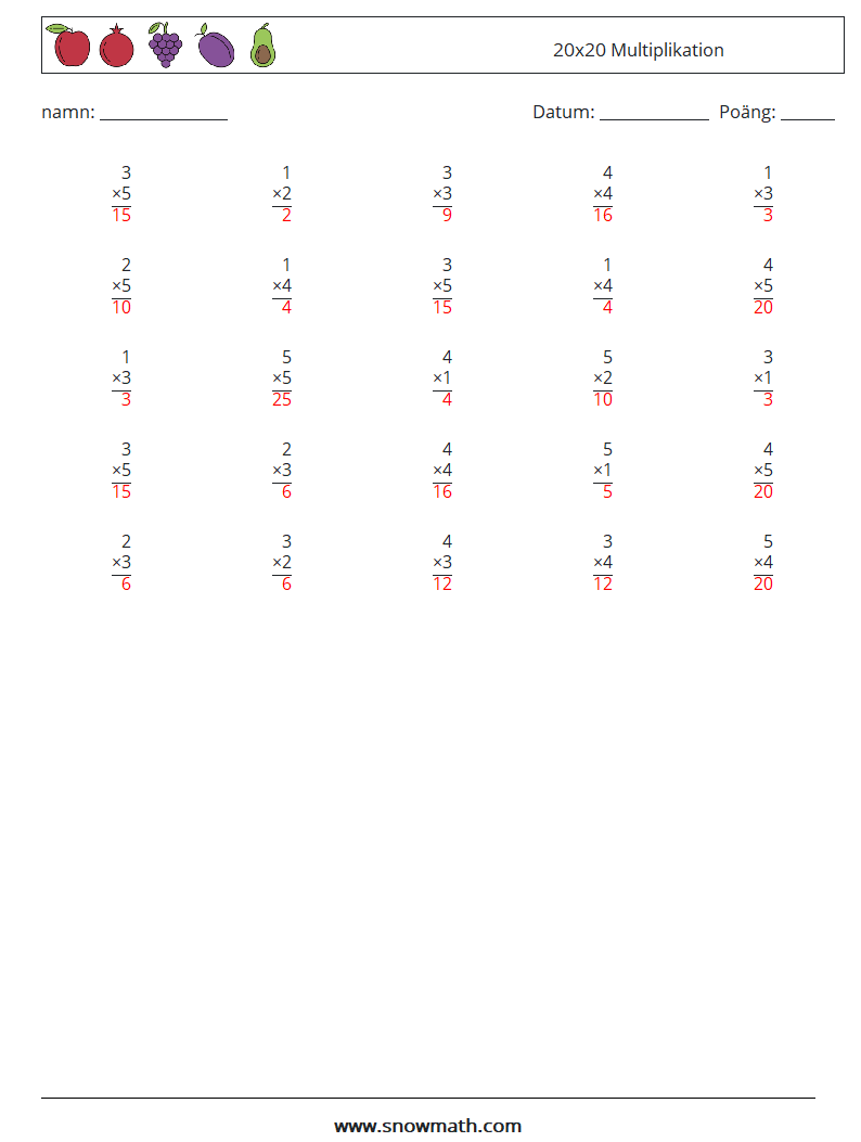 (25) 20x20 Multiplikation Matematiska arbetsblad 2 Fråga, svar