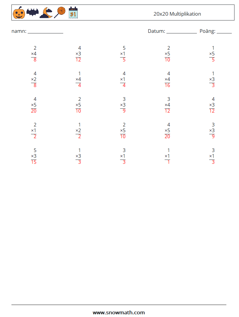 (25) 20x20 Multiplikation Matematiska arbetsblad 3 Fråga, svar