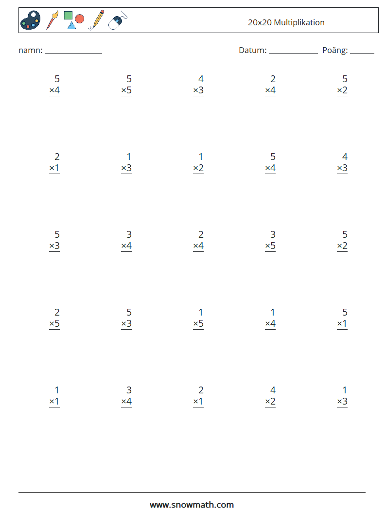 (25) 20x20 Multiplikation Matematiska arbetsblad 4