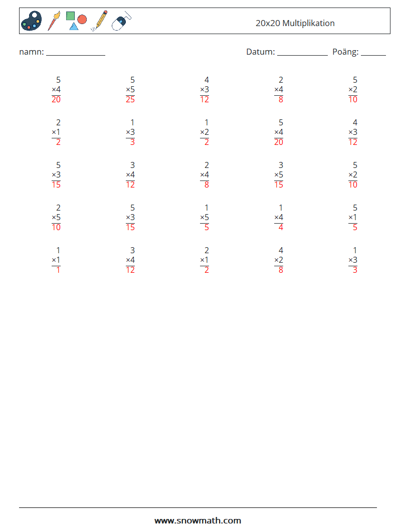 (25) 20x20 Multiplikation Matematiska arbetsblad 4 Fråga, svar