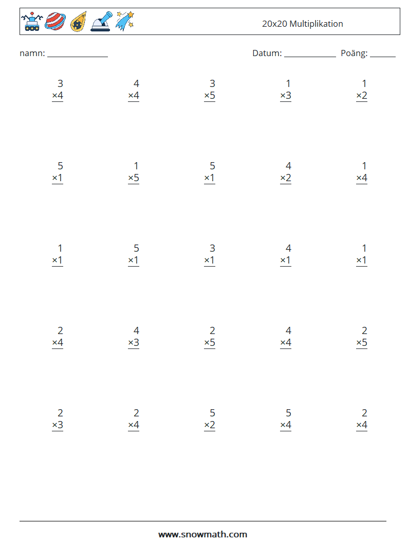 (25) 20x20 Multiplikation Matematiska arbetsblad 6