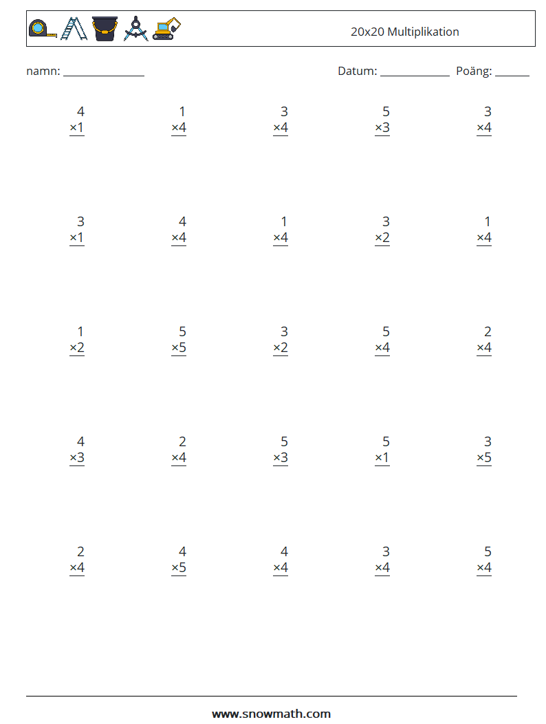 (25) 20x20 Multiplikation Matematiska arbetsblad 7