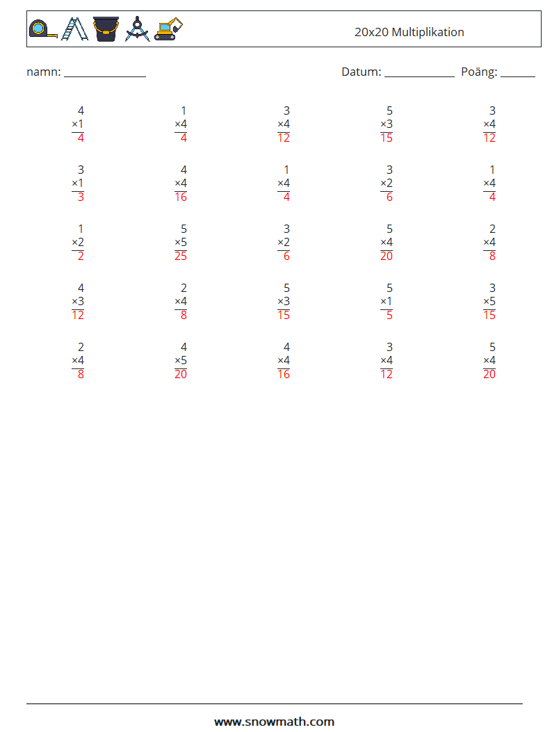 (25) 20x20 Multiplikation Matematiska arbetsblad 7 Fråga, svar