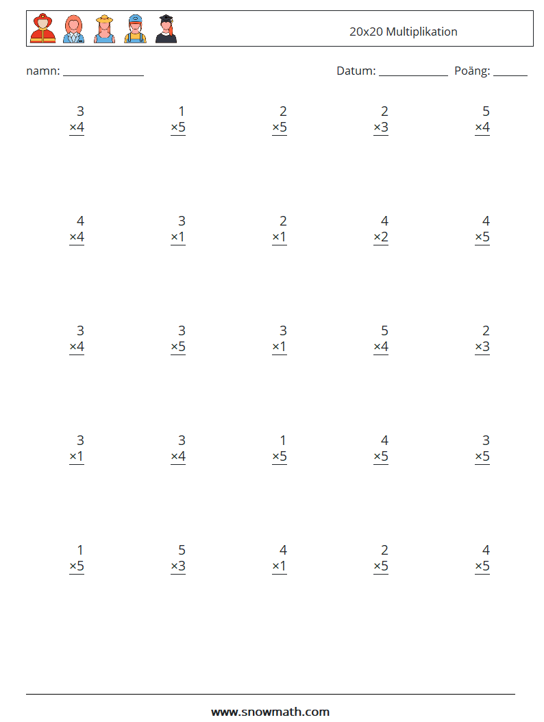 (25) 20x20 Multiplikation Matematiska arbetsblad 8