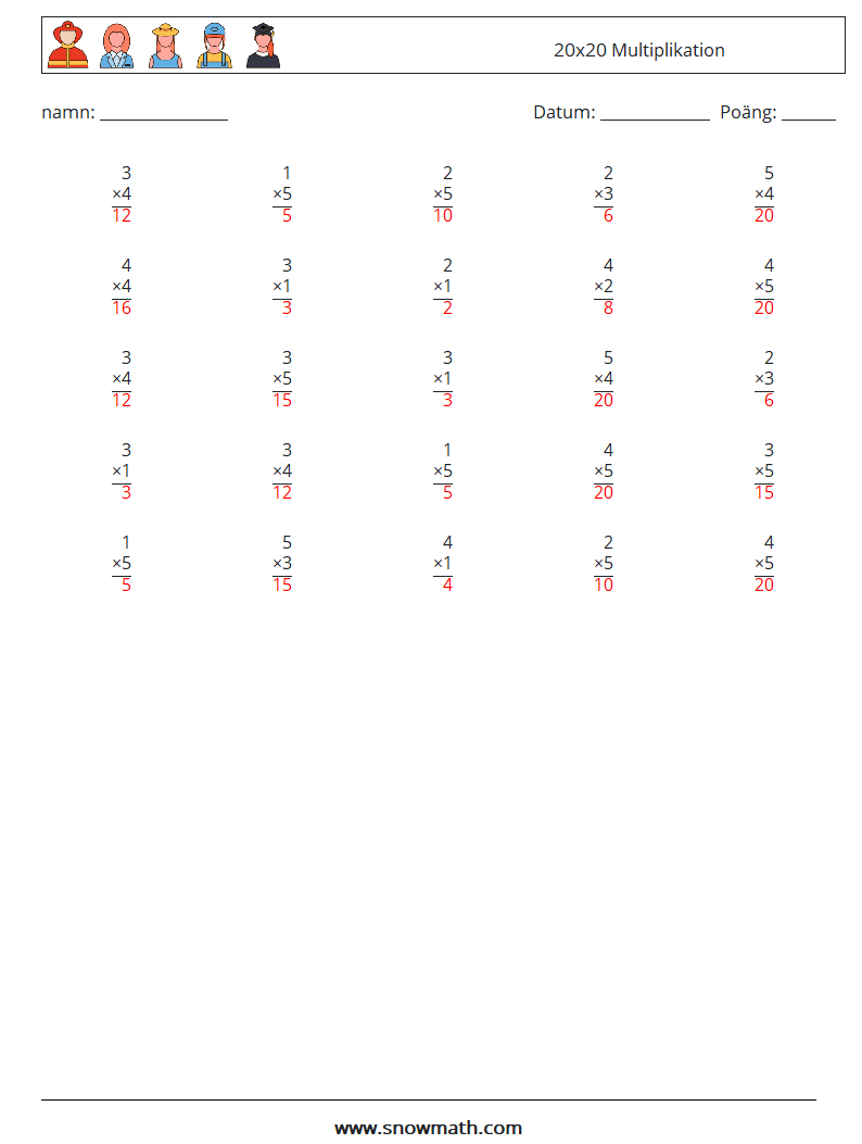 (25) 20x20 Multiplikation Matematiska arbetsblad 8 Fråga, svar