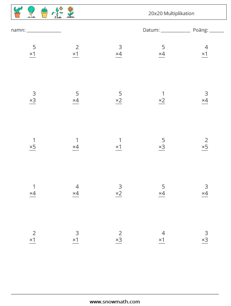 (25) 20x20 Multiplikation Matematiska arbetsblad 9