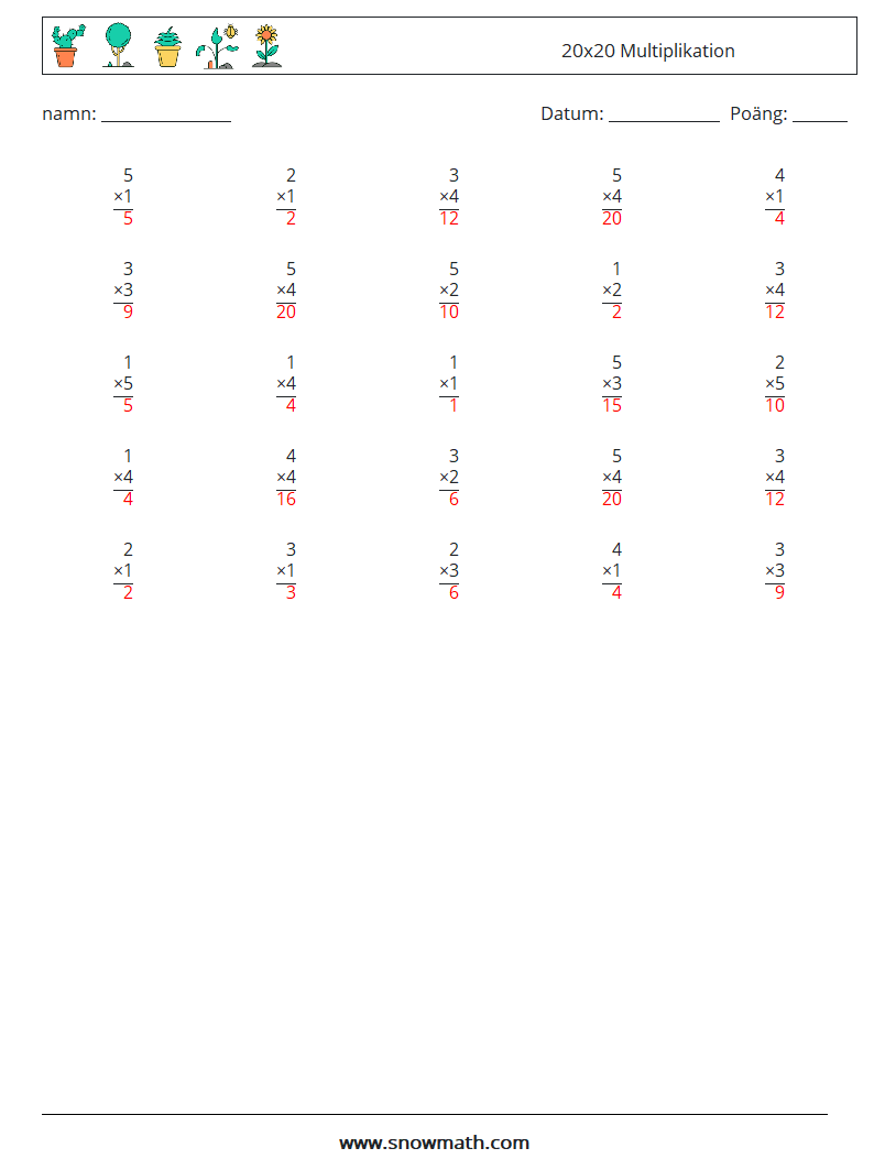 (25) 20x20 Multiplikation Matematiska arbetsblad 9 Fråga, svar