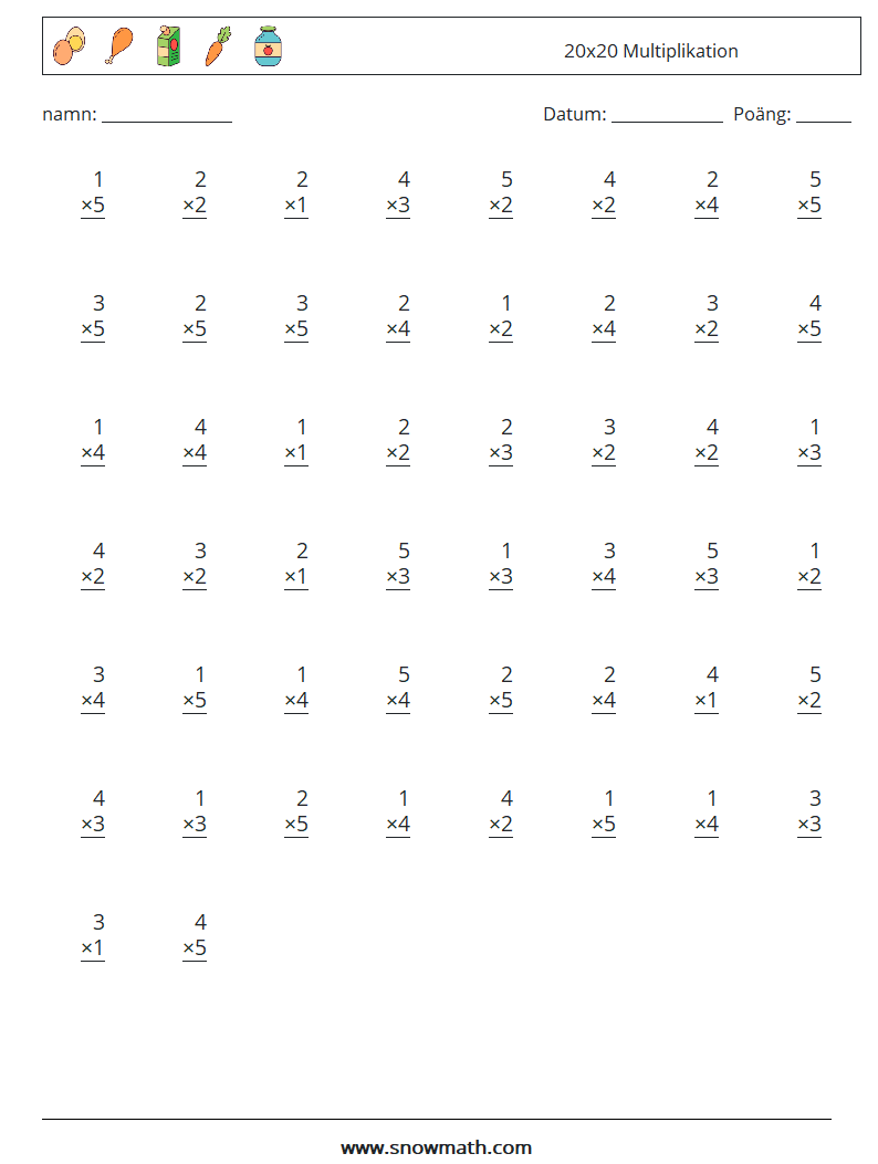 (50) 20x20 Multiplikation Matematiska arbetsblad 1