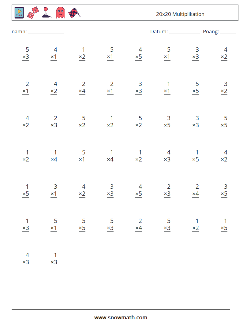 (50) 20x20 Multiplikation Matematiska arbetsblad 10