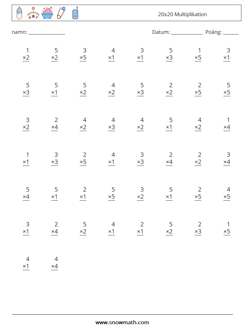 (50) 20x20 Multiplikation Matematiska arbetsblad 11