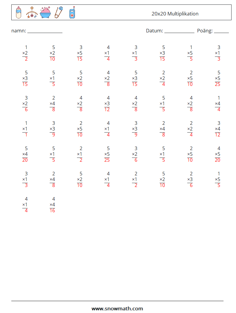 (50) 20x20 Multiplikation Matematiska arbetsblad 11 Fråga, svar