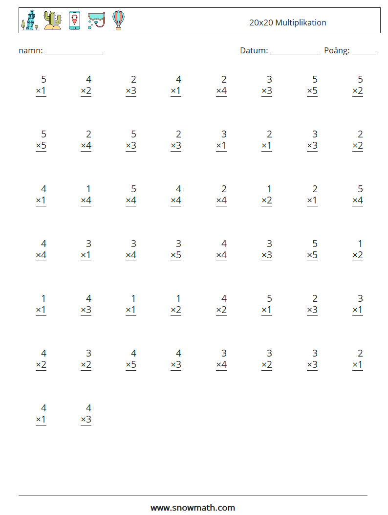 (50) 20x20 Multiplikation Matematiska arbetsblad 12