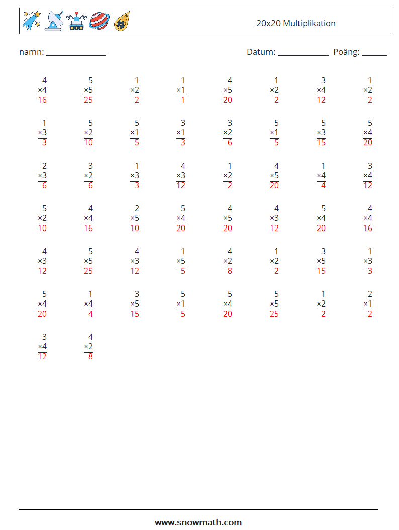 (50) 20x20 Multiplikation Matematiska arbetsblad 14 Fråga, svar