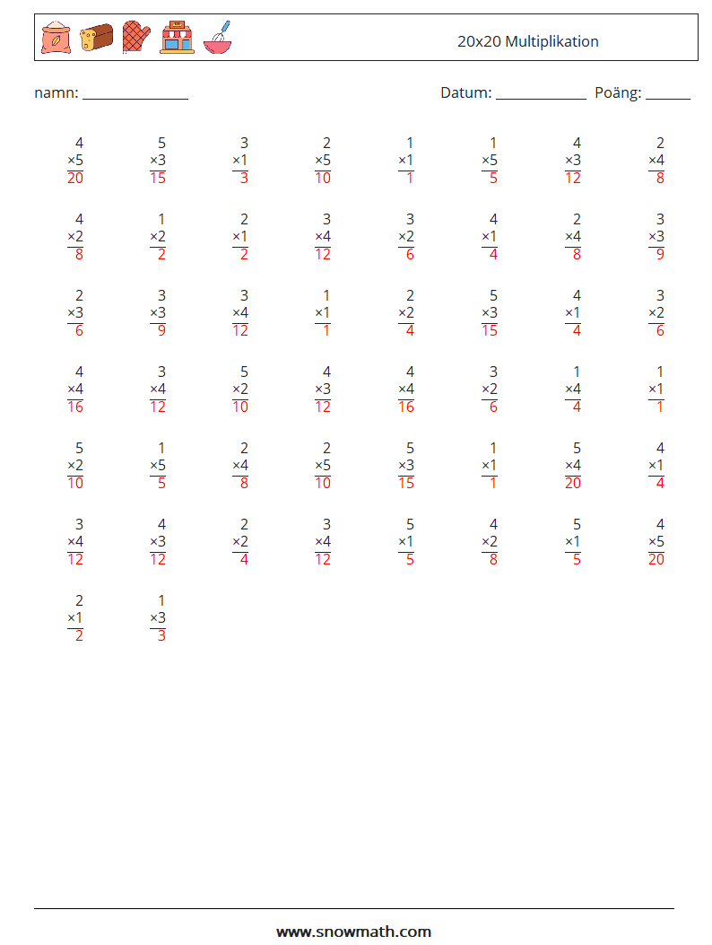 (50) 20x20 Multiplikation Matematiska arbetsblad 15 Fråga, svar