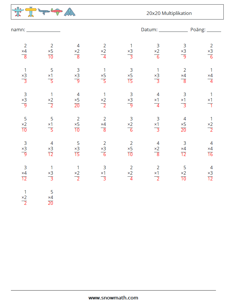 (50) 20x20 Multiplikation Matematiska arbetsblad 16 Fråga, svar