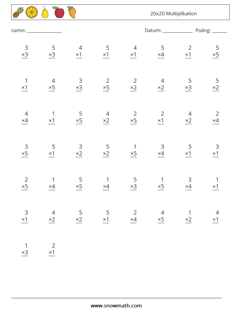 (50) 20x20 Multiplikation Matematiska arbetsblad 17