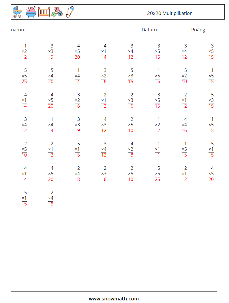 (50) 20x20 Multiplikation Matematiska arbetsblad 18 Fråga, svar