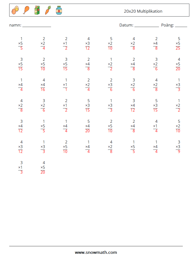 (50) 20x20 Multiplikation Matematiska arbetsblad 1 Fråga, svar