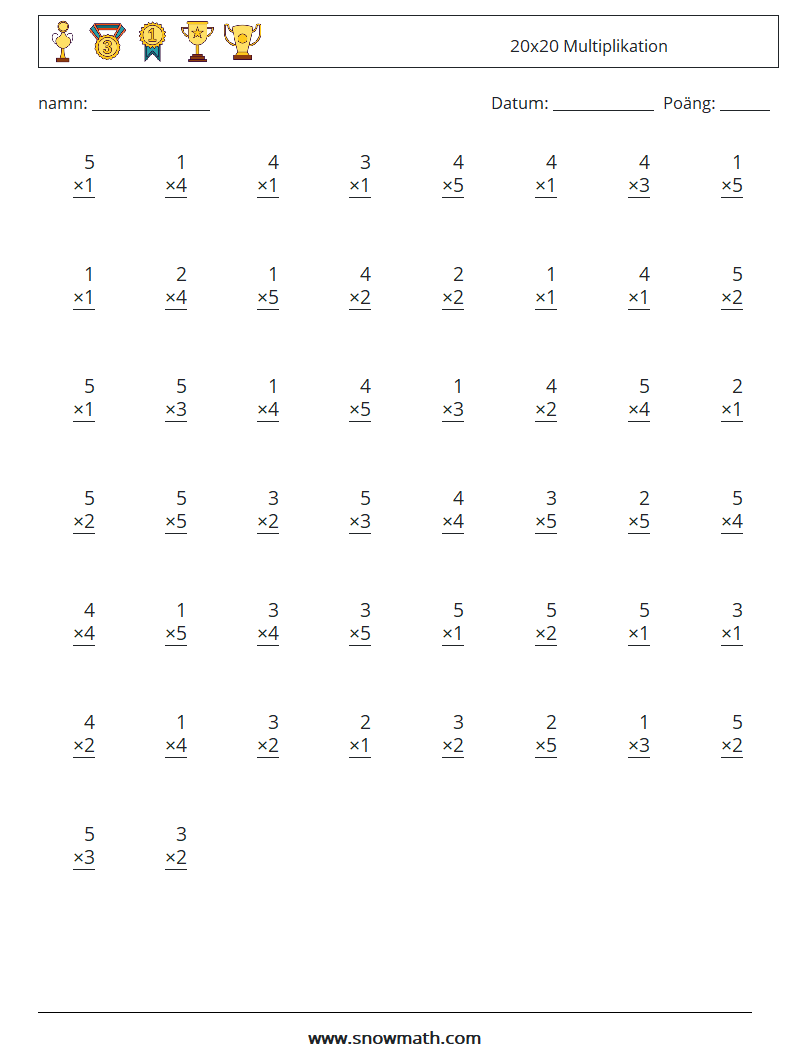 (50) 20x20 Multiplikation Matematiska arbetsblad 2