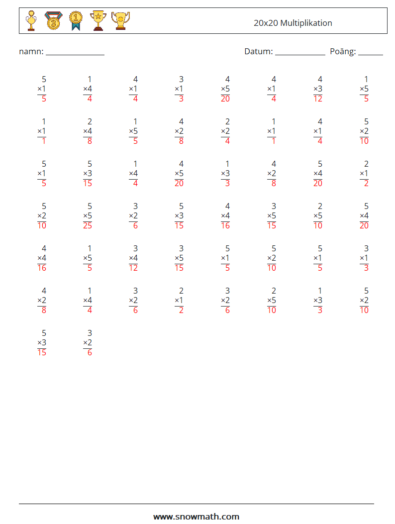 (50) 20x20 Multiplikation Matematiska arbetsblad 2 Fråga, svar