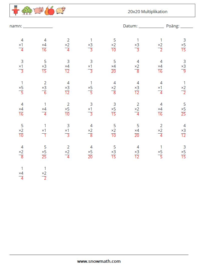 (50) 20x20 Multiplikation Matematiska arbetsblad 3 Fråga, svar