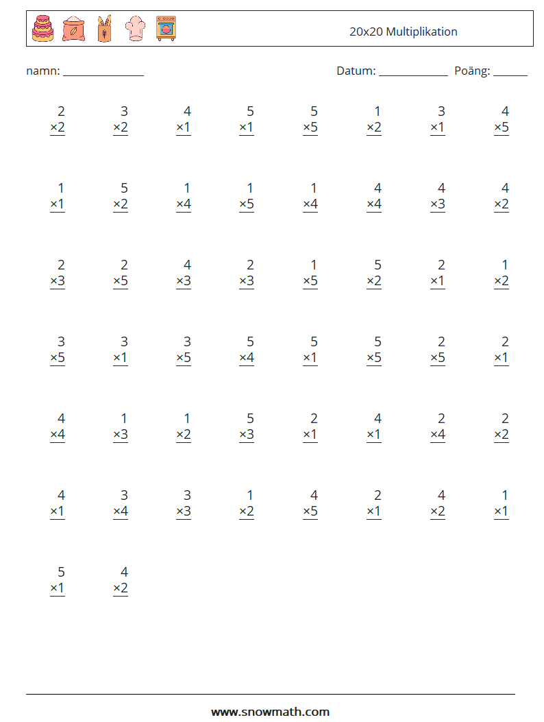 (50) 20x20 Multiplikation Matematiska arbetsblad 4