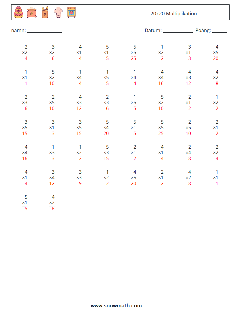 (50) 20x20 Multiplikation Matematiska arbetsblad 4 Fråga, svar