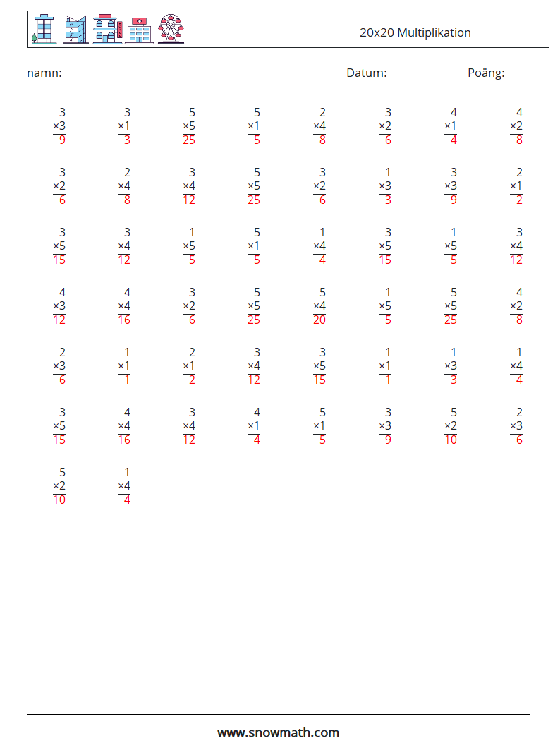 (50) 20x20 Multiplikation Matematiska arbetsblad 5 Fråga, svar