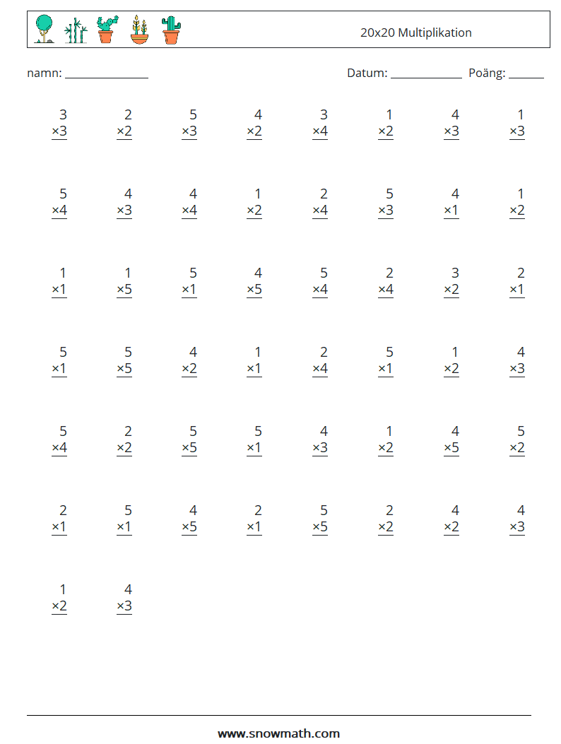 (50) 20x20 Multiplikation Matematiska arbetsblad 7