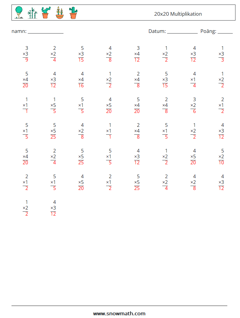 (50) 20x20 Multiplikation Matematiska arbetsblad 7 Fråga, svar