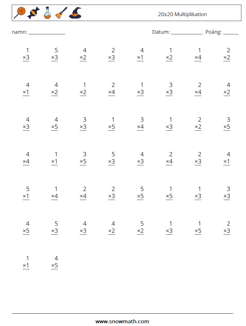 (50) 20x20 Multiplikation Matematiska arbetsblad 9