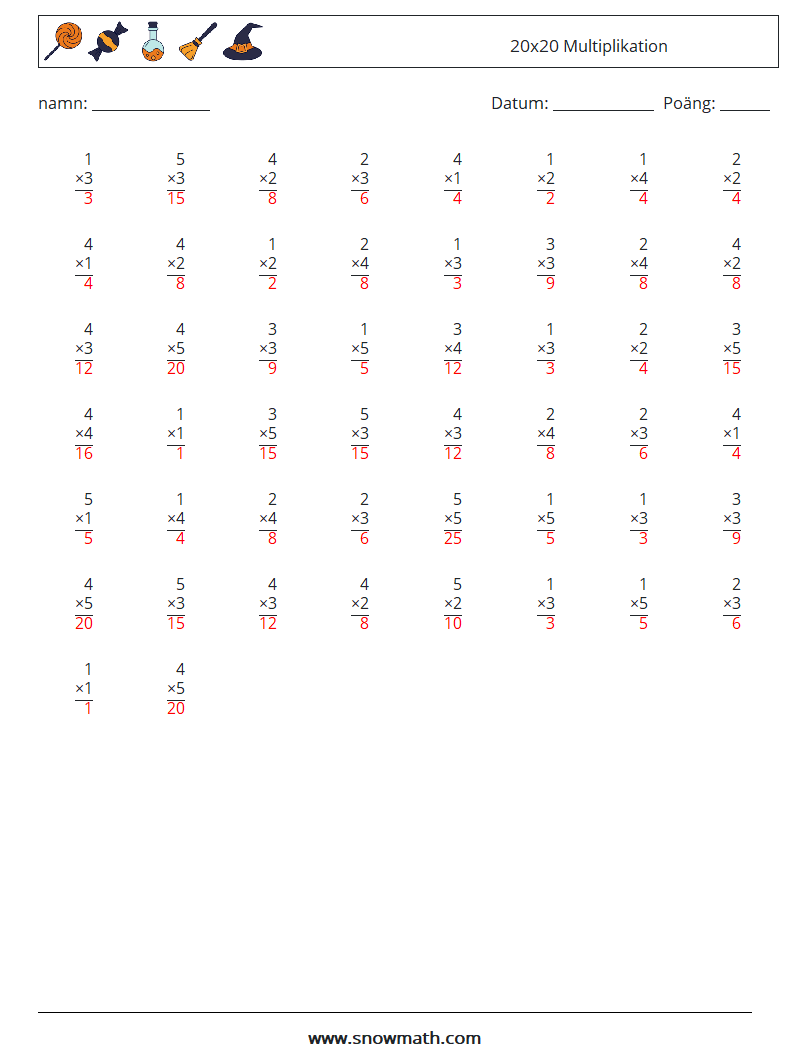 (50) 20x20 Multiplikation Matematiska arbetsblad 9 Fråga, svar