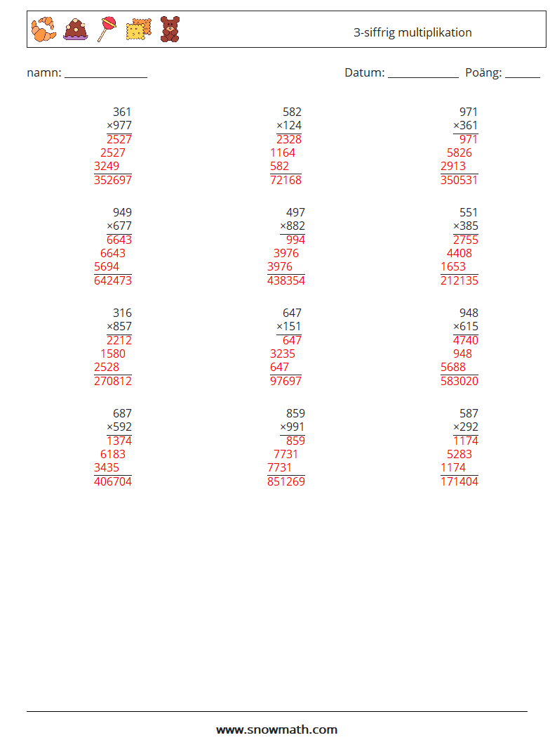 (12) 3-siffrig multiplikation Matematiska arbetsblad 10 Fråga, svar