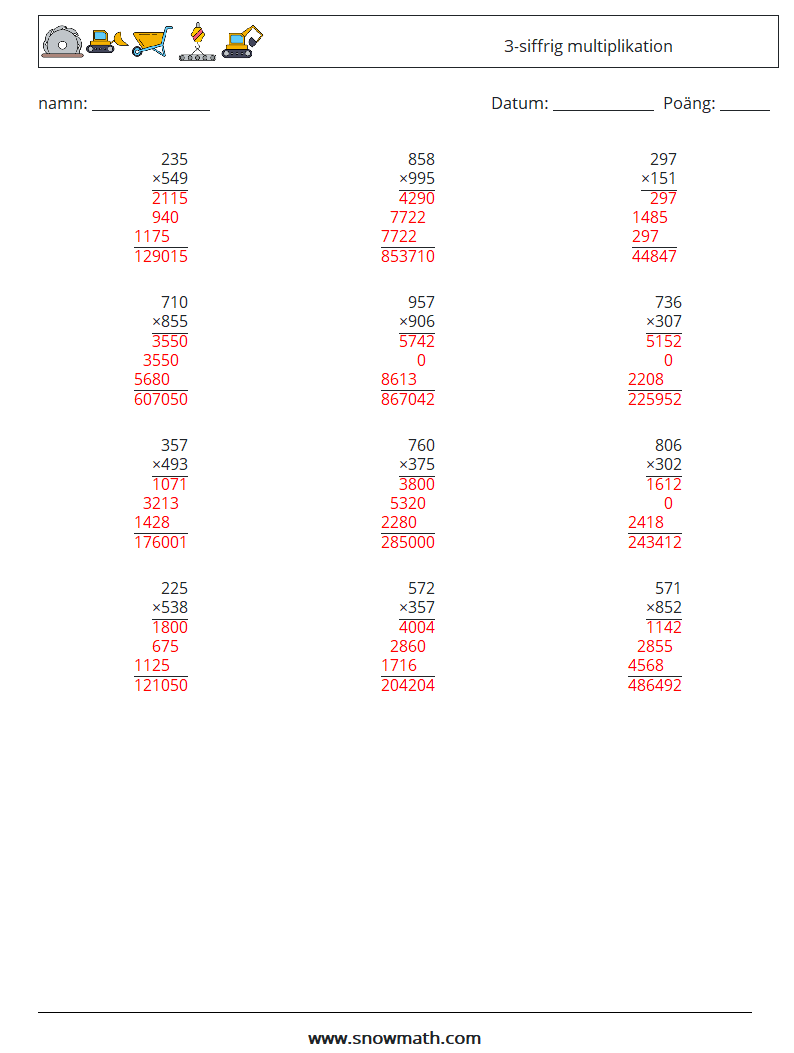 (12) 3-siffrig multiplikation Matematiska arbetsblad 11 Fråga, svar