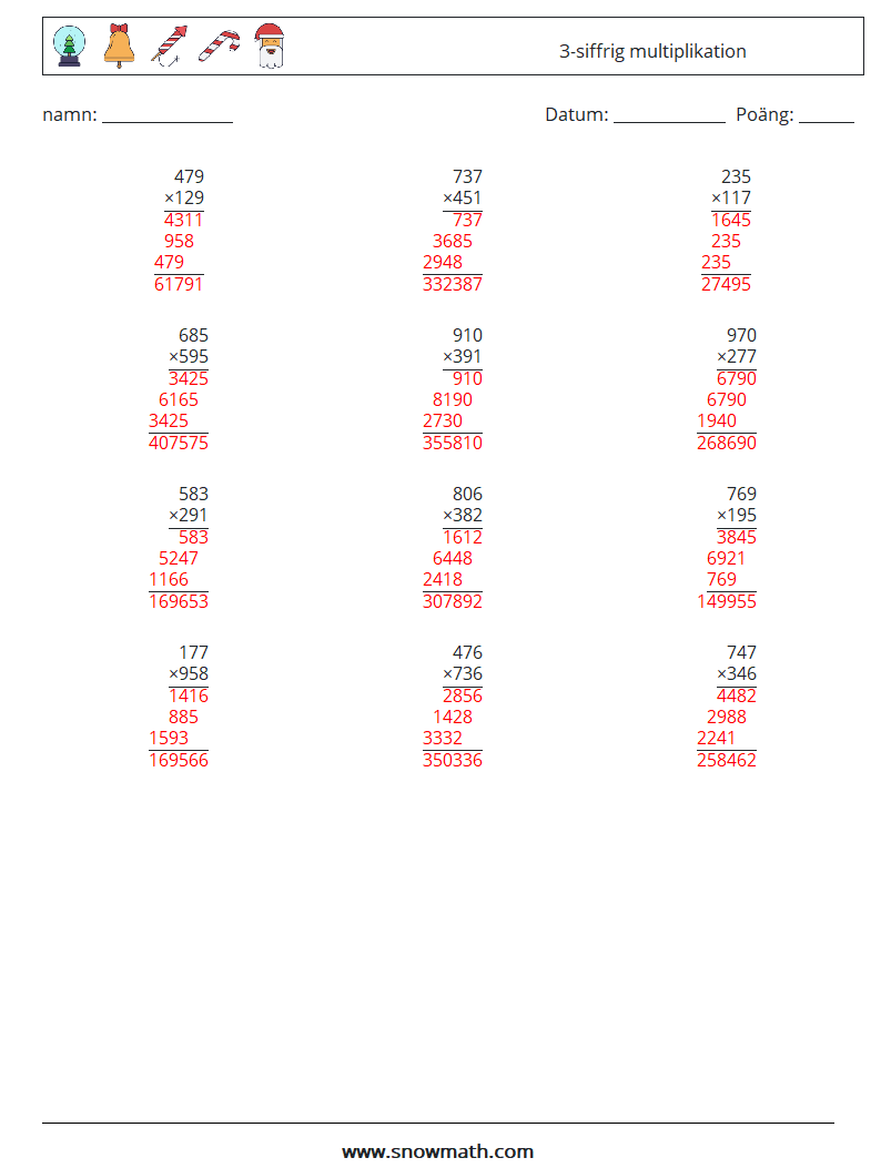 (12) 3-siffrig multiplikation Matematiska arbetsblad 12 Fråga, svar