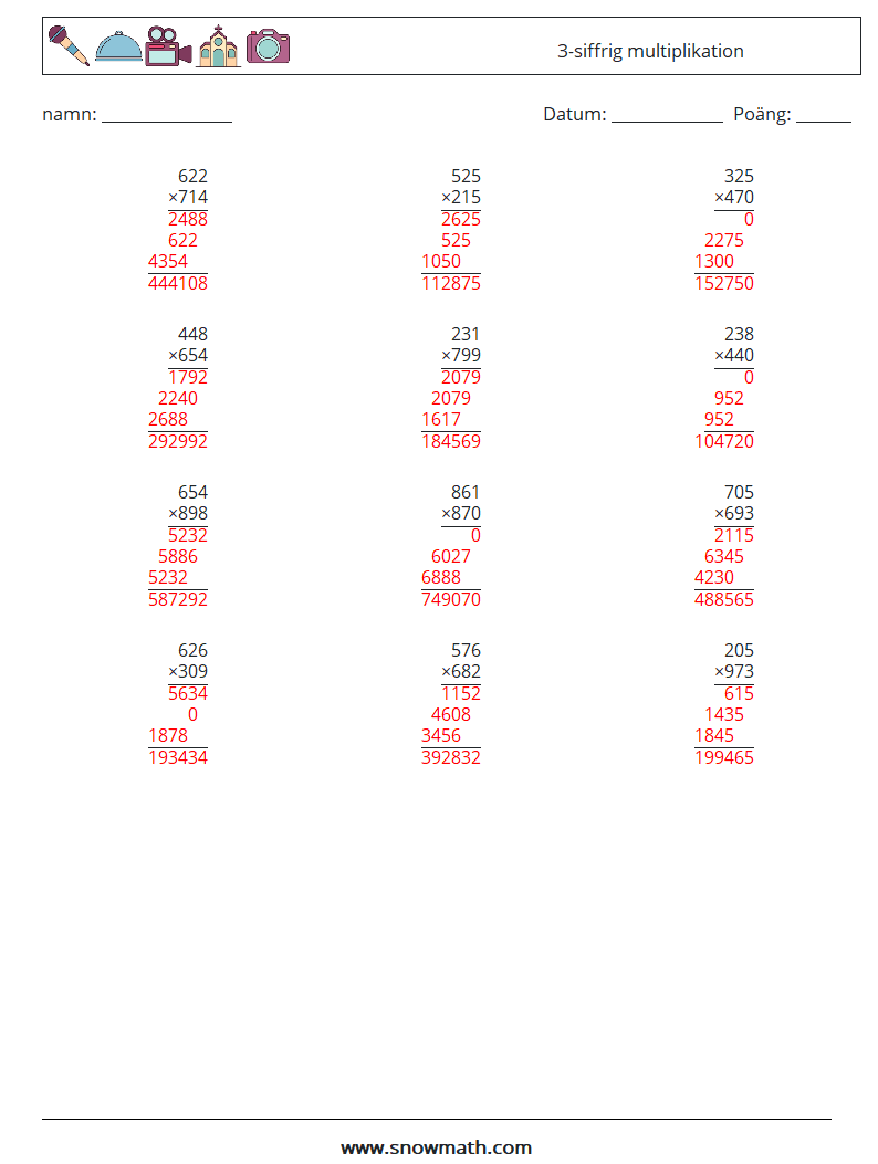 (12) 3-siffrig multiplikation Matematiska arbetsblad 13 Fråga, svar