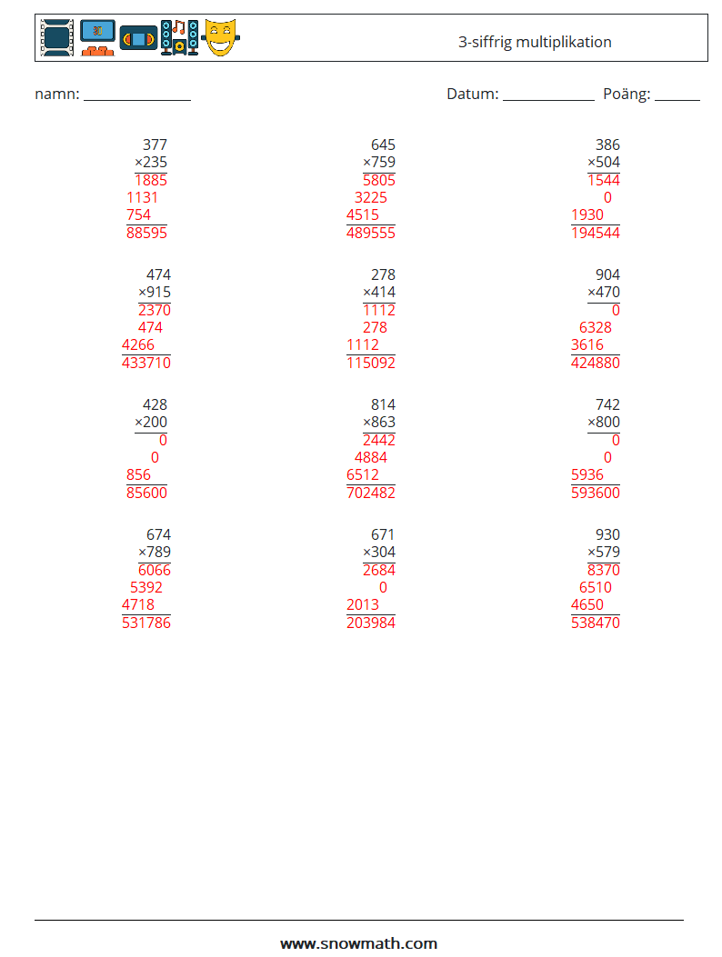 (12) 3-siffrig multiplikation Matematiska arbetsblad 14 Fråga, svar