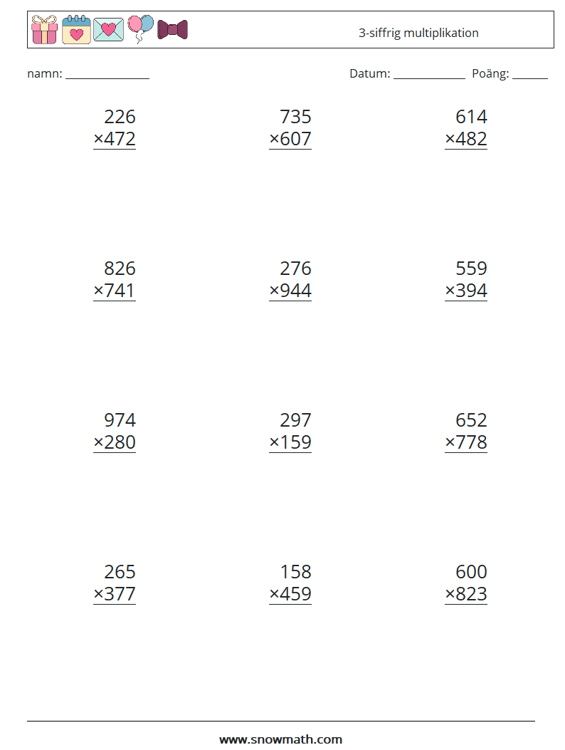 (12) 3-siffrig multiplikation Matematiska arbetsblad 15