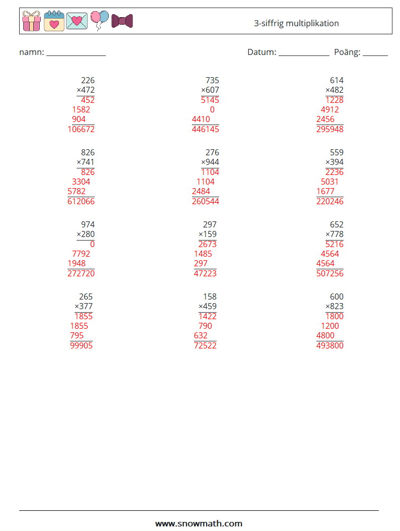 (12) 3-siffrig multiplikation Matematiska arbetsblad 15 Fråga, svar