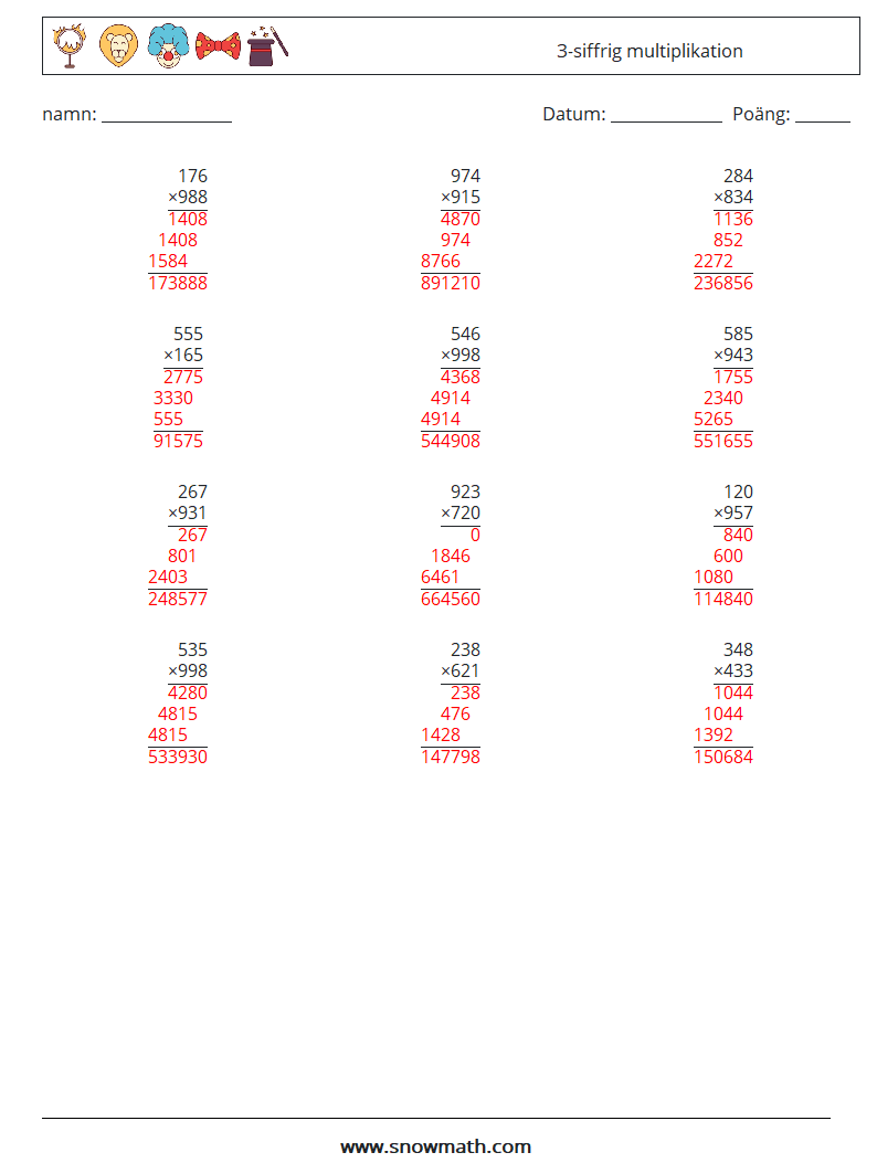 (12) 3-siffrig multiplikation Matematiska arbetsblad 16 Fråga, svar