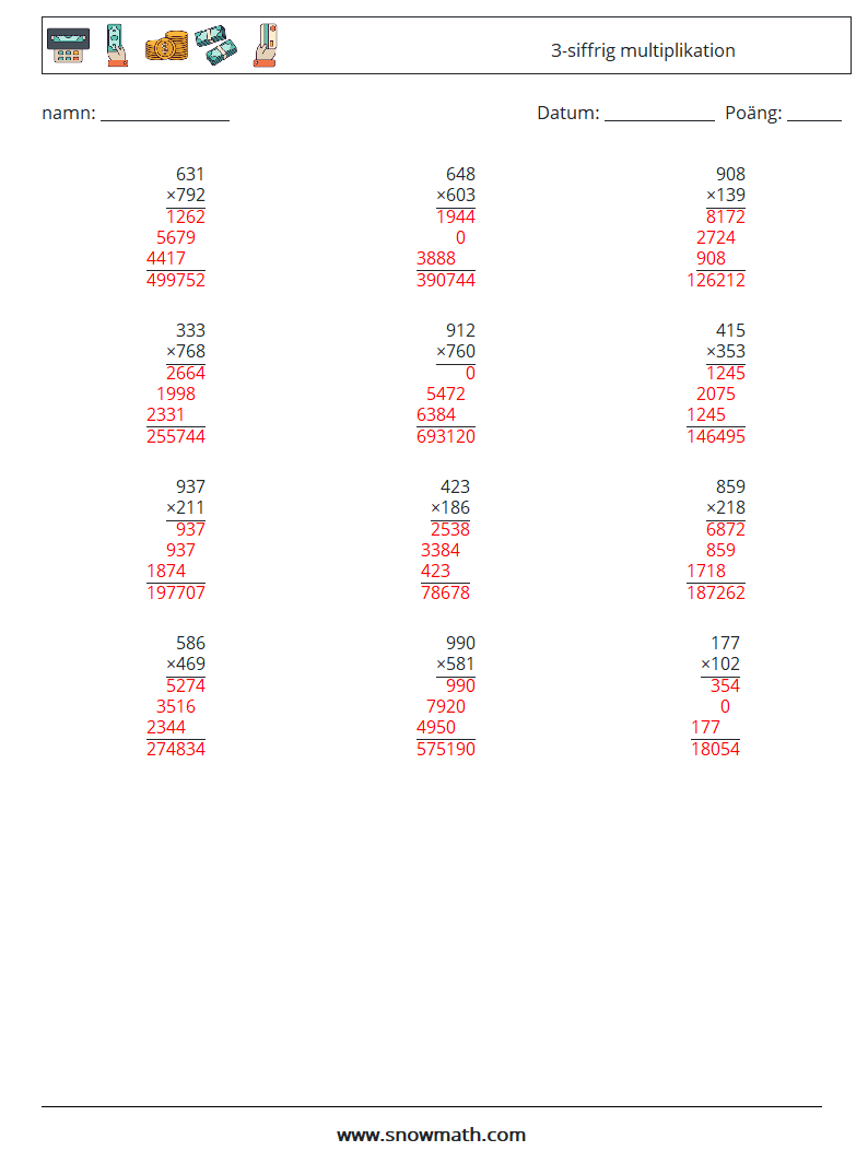 (12) 3-siffrig multiplikation Matematiska arbetsblad 17 Fråga, svar