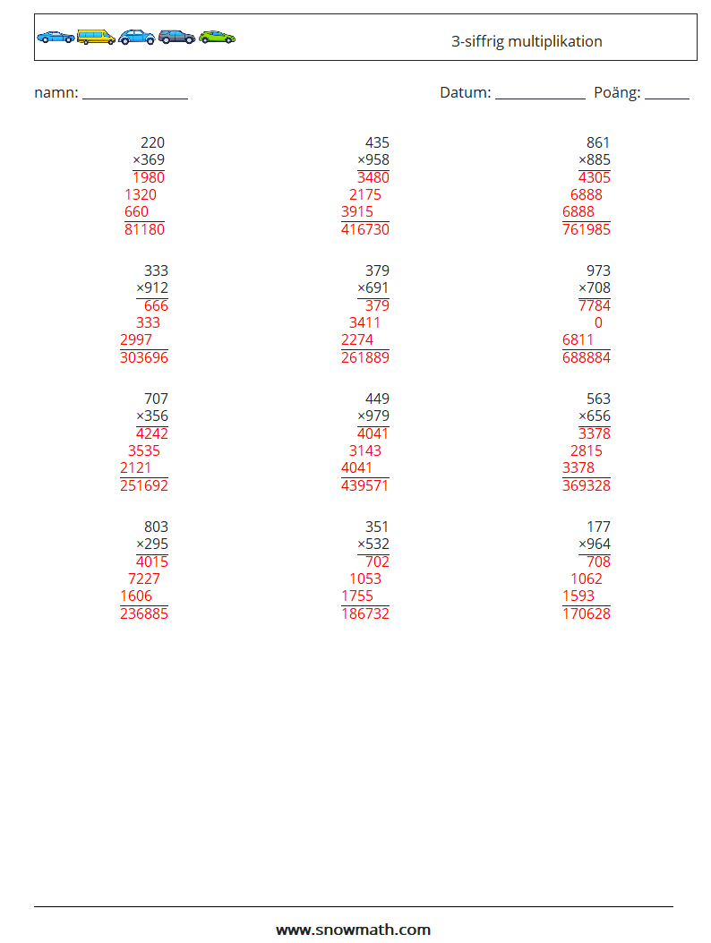 (12) 3-siffrig multiplikation Matematiska arbetsblad 18 Fråga, svar