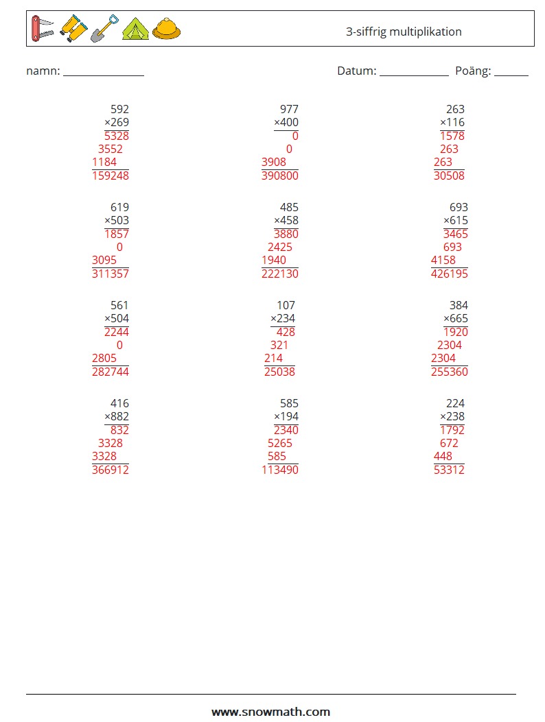 (12) 3-siffrig multiplikation Matematiska arbetsblad 1 Fråga, svar