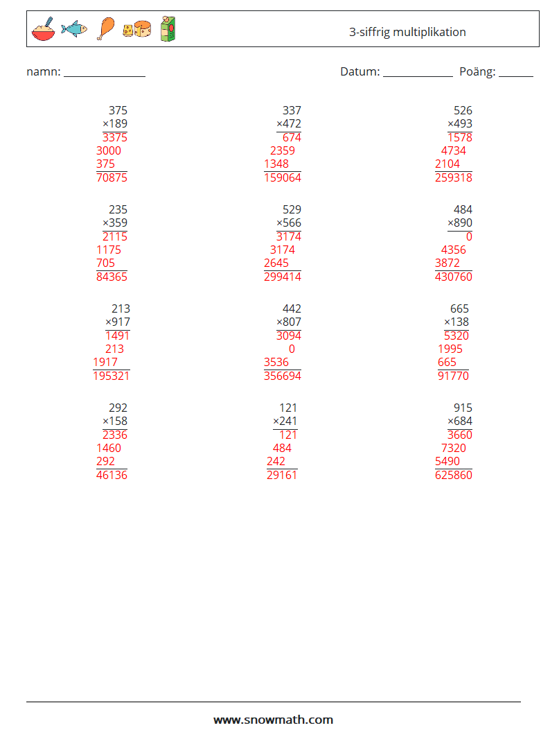 (12) 3-siffrig multiplikation Matematiska arbetsblad 2 Fråga, svar