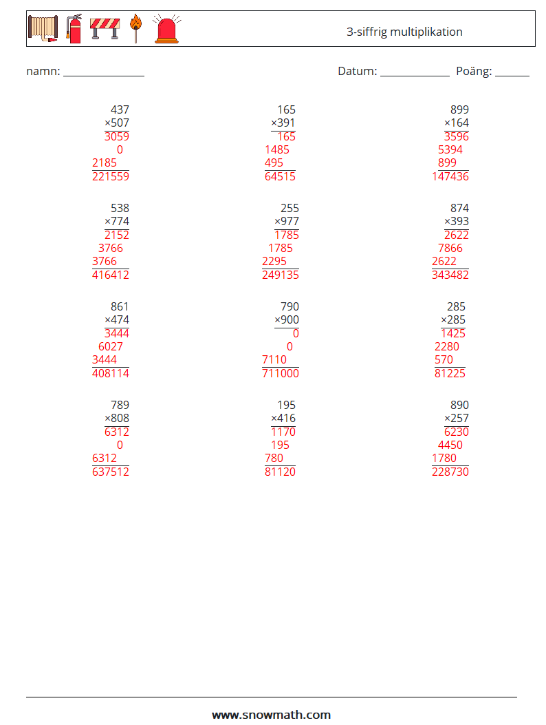 (12) 3-siffrig multiplikation Matematiska arbetsblad 3 Fråga, svar