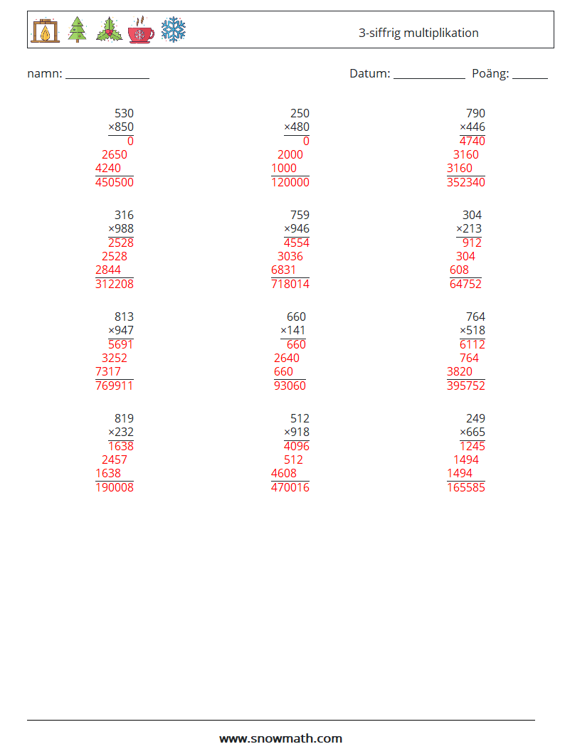 (12) 3-siffrig multiplikation Matematiska arbetsblad 4 Fråga, svar