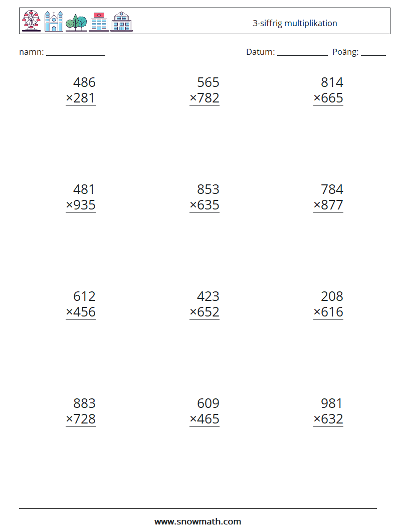 (12) 3-siffrig multiplikation Matematiska arbetsblad 5