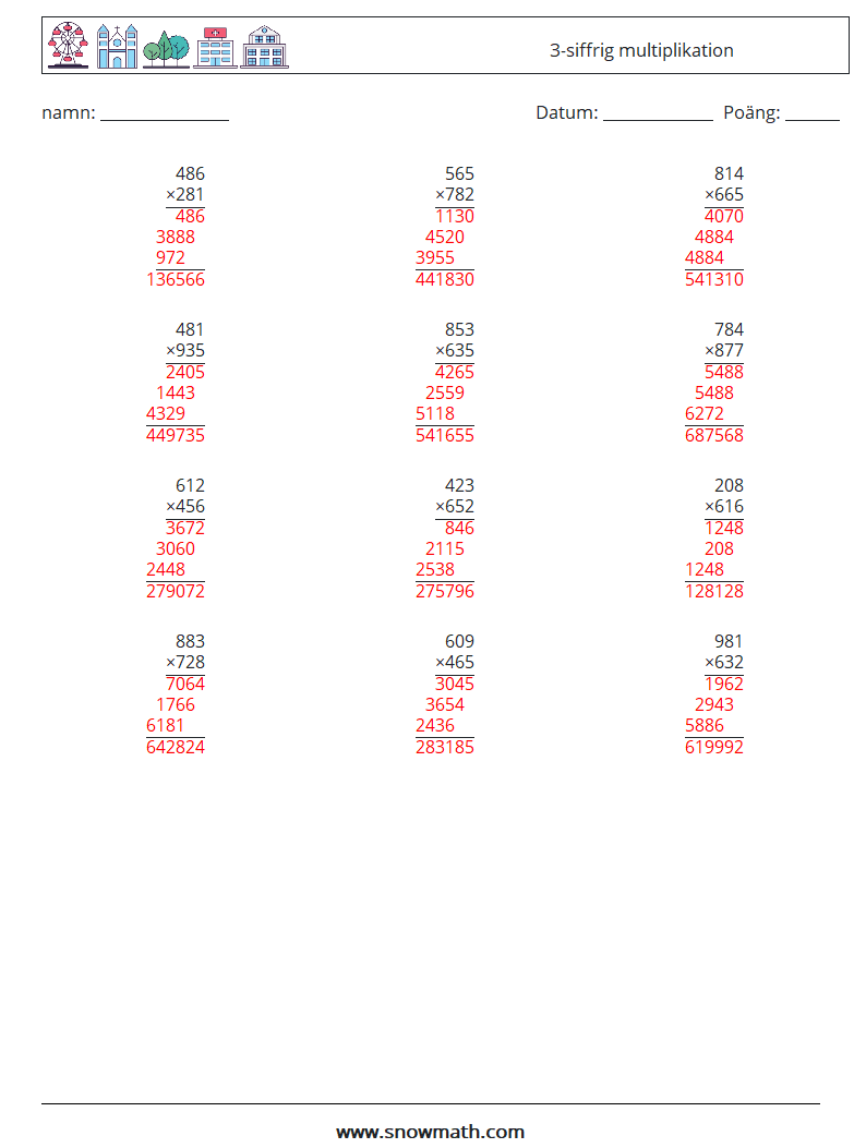 (12) 3-siffrig multiplikation Matematiska arbetsblad 5 Fråga, svar